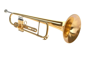 A shiny brass trumpet stands proudly on a stark white background
