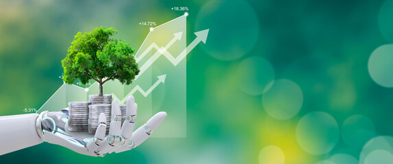 Robot hand holding Growing tree on coins with stock graph over Green background. Artificial Intelligence, Saving ecology, csr green business, business ethics, investment ideas, and business growth.