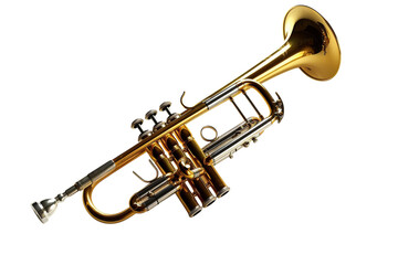 A shiny brass trumpet resting elegantly on a pristine white background