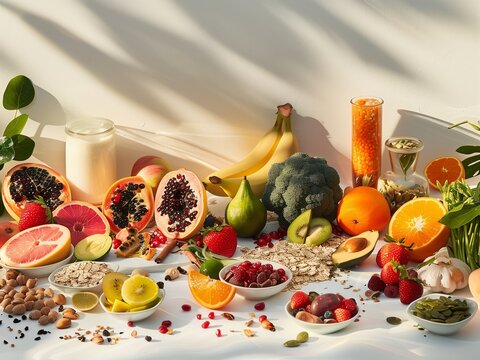 Health foods, Low Glycemic index health foods with protein, omega3, antioxidants, fiber, minerals ,vitamins, vegetable, fish, salmon, fruits, avocado, oranges, banana, lemon, tomato ,broccoli, papaya