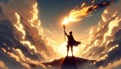 a triumphant figure standing on the peak of a mountain, arm raised, holding a torch aloft