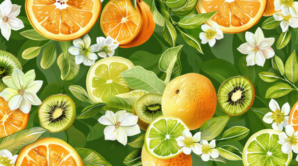  fresh citrus fruits and flowers seamless pattern for healthy food background