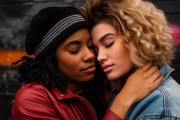 Closeup of an interracial lesbian couple