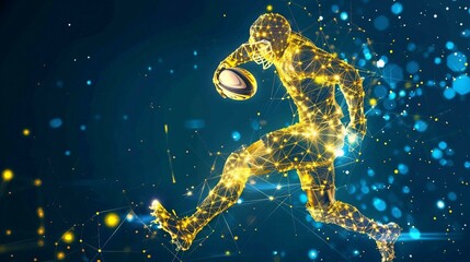technology in rugby game, digital yellow low poly rugby player with glowing data streams, ai in sports analytics, player performance tracking systems, game strategy, wireframe player.