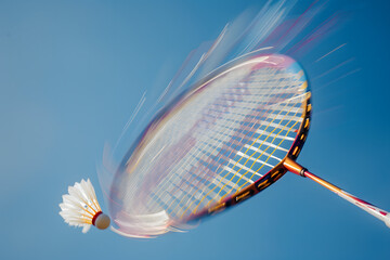 Close-up of a badminton racket striking a shuttlecock, with a dynamic motion blur and a clear, blue sky background 