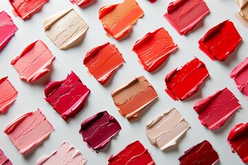 A group of lipstick swatches arranged on a white surface with multiple shades of lipstick on them