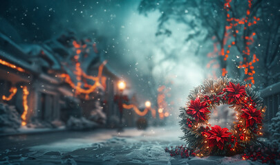 Fototapeta premium An intricately designed wreath illuminated by soft fairy lights, featuring glossy red decorations and a dusting of snow-like frost on the foliage