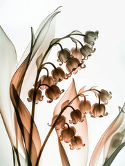 Lily of the valley's Ethereal Glow: Lily of the valley blooms, bathed in soft light, exudes serenity and grace against a muted pure backdrop. A striking X-ray image, minimalist form and light
