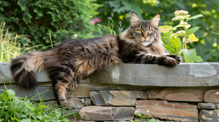 A cat relaxes on top of a stone wall, basking in the sunlight and surveying its surroundings - obrazy, fototapety, plakaty