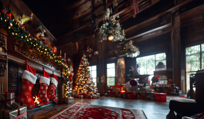 Red Christmas stockings hung in a row over a crackling fireplace, filled with treats and gifts, against a backdrop of a beautifully decorated Christmas tree
