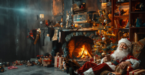 Santa Claus pausing to enjoy a cup of hot cocoa by a roaring fireplace, a beautifully lit and ornamented Christmas tree to his side, gifts wrapped in bright paper scattered below