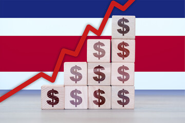 Fototapeta premium Costa Rica economic collapse, increasing values with cubes, financial decline, crisis and downgrade concept