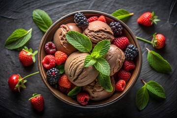 a dark wooden bowl with chocolate  ice cream and fruits ( strawberry ,raspberries ,mint leaves and...