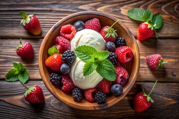 a dark wooden bowl with vanilla ice cream and fruits ( strawberry ,raspberries ,mint leaves and...
