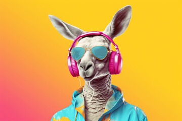 Funky portrait of a kangaroo man with headphones on bright background. Conceptual modern art.