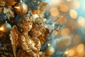 Golden Angels on Bokeh Christmas Tree Background: Festive Holiday decor