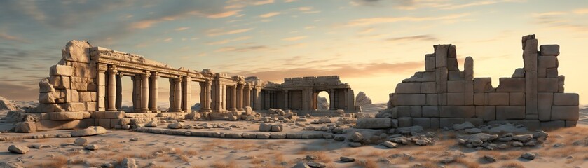 Ancient ruin reconstruction in 3D, realistic textures, dusk, wide angle