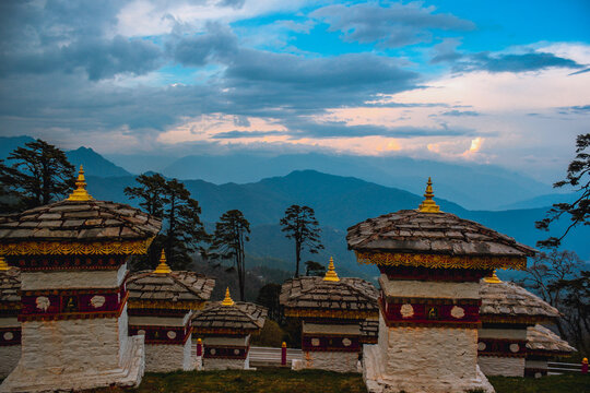 Sunset on Dochula Pass with Himalaya in background