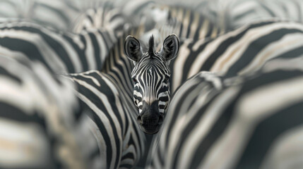 A group of zebra standing closely together in a field, showcasing their black and white striped...