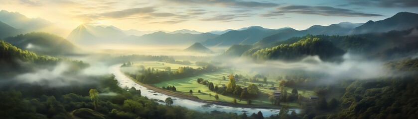 River winding through a peaceful valley, mist rising, early morning, panoramic shot - Powered by Adobe