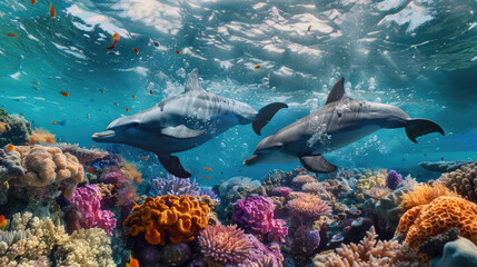 Obraz premium Two dolphins gracefully swim above a vibrant coral reef in crystal-clear waters