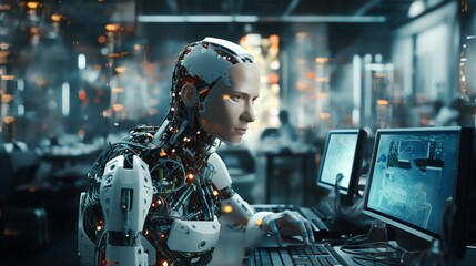 Fototapeta premium Robotics developer in lab, testing new AI, cluttered, documentary style