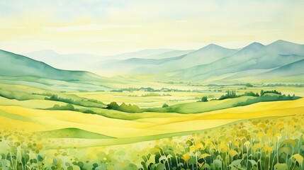 Rolling hills in watercolor, spring greens and yellows, morning, side view