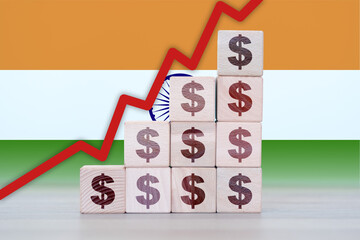 India economic collapse, increasing values with cubes, financial decline, crisis and downgrade...