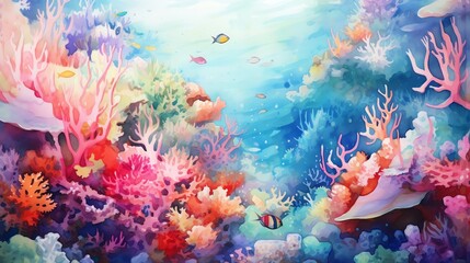 Watercolor underwater coral reef, vibrant marine palette, close focus