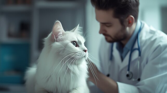 Vet teaching cat care in clinic, clean white light, overtheshoulder shot
