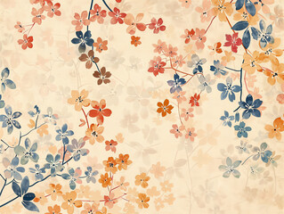 Tender flowering branches on beige background creating harmonious fusion of nature beauty and artistic craftsmanship. Elegant floral pattern for vintage design of wallpapers