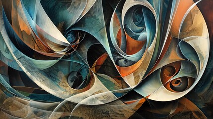 Translate the essence of abstract art into a traditional oil painting, showcasing intricate details and unique perspectives in a frontal view with unexpected camera angles Emphasize depth and complexi