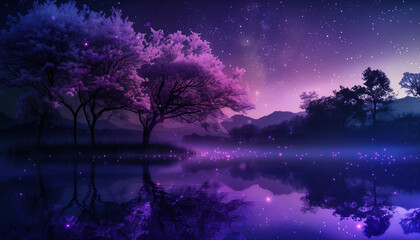 Mystical Cherry Blossom Tree by Night Lake and Reflecting in the calm water with soft fog