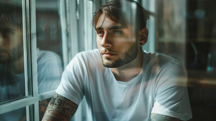 Fototapeta premium A calm man wearing a white T-shirt with a tattoo on his arm looks through the window.