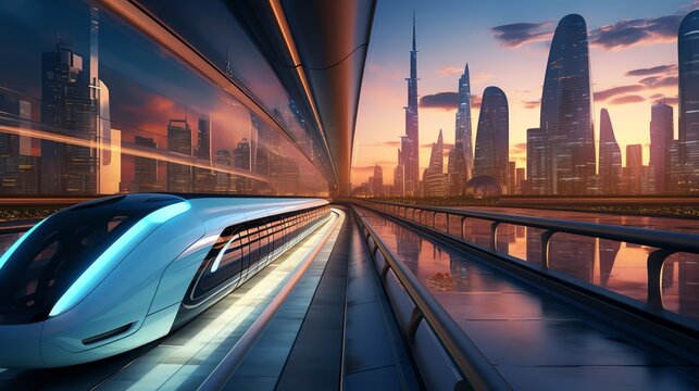 Futuristic cityscape, hyperloop in action, twilight illumination, wideangle shot