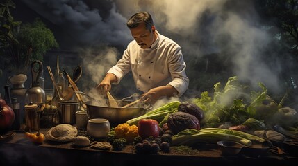 Produce a photorealistic digital artwork showcasing a chef with intense focus, using a variety of futuristic cooking gadgets to prepare exquisite meals on a dilapidated table, set against a backdrop o