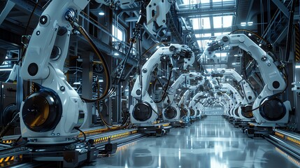 Produce a striking image of a futuristic factory floor bustling with long shot robotic arms, each precision-defined in CG 3D rendering, conveying a sense of efficiency and innovation
