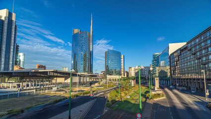 Milan skyline with modern skyscrapers in Porta Nuova business district timelapse hyperlapse in...