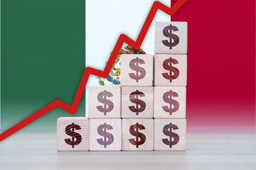 Mexico economic collapse, increasing values with cubes, financial decline, crisis and downgrade concept