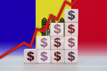 Moldova economic collapse, increasing values with cubes, financial decline, crisis and downgrade concept