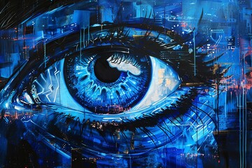 Produce a traditional art piece in acrylic capturing the intricate details of a robotic eye glowing with neon blue light, emphasizing reflections and metallic textures