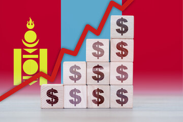 Mongolia economic collapse, increasing values with cubes, financial decline, crisis and downgrade concept