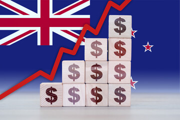 New Zealand economic collapse, increasing values with cubes, financial decline, crisis and downgrade concept