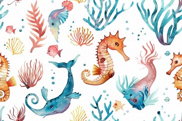 Seamless pattern of watercolor underwater creatures