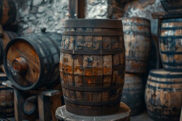 A solitary wooden barrel stands guard in a desolate environment, evoking feelings of solitude and abandonment. Concept for storage, wine production, winery.