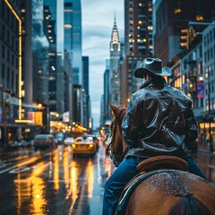 a man is riding a horse down a city street in the rain