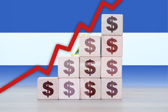 Nicaragua economic collapse, increasing values with cubes, financial decline, crisis and downgrade concept