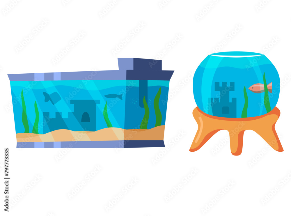 Wall mural Silhouette of fish and algae.Cartoon freshwater fishes in tank aquarium.Isolated on white background.Vector flat illustration.