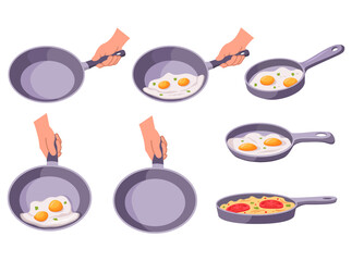 Fried eggs on frying pan.Fried egg breakfast cartoon.Flat omelet meal yolk.Fried egg.Healthy breakfast.Vector flat illustration.Shakshuka served in a frying pan.Frittata food.Healthy breakfast.