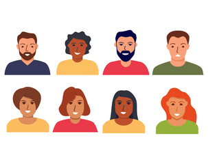 Big set of user avatar. Big bundle of different people. Set of male and female portraits.Cartoon character face.Vector flat illustration.Isolated on white background.